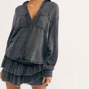 Free People One Star Fire Set Tiered Skirt Button Down Shirt Distressed XS NWT